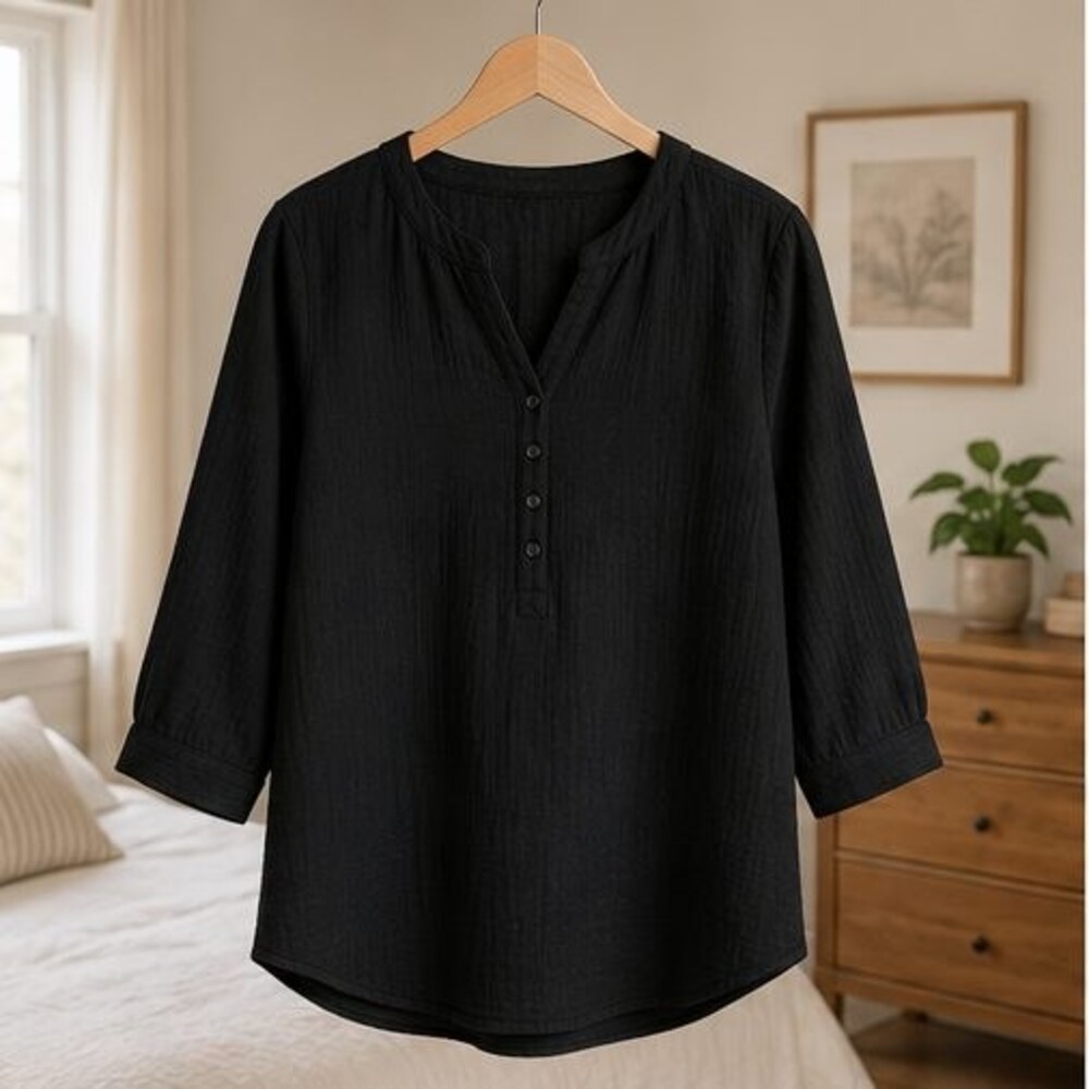 Black Henley Notch Neck Blouse